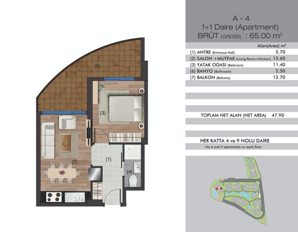 One bedroom apartment, new construction standards in Cyprus