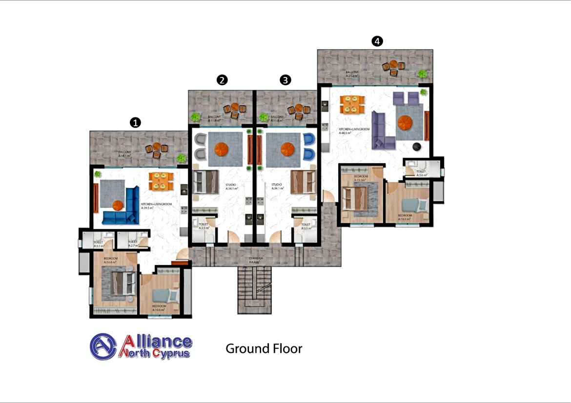 Apartments 2 + 1, with a garden and penthouses, in a club-type complex in Esentepe