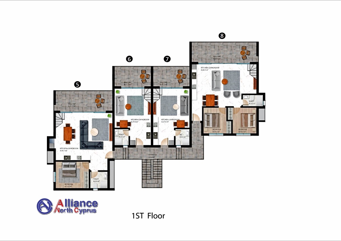 Apartments 2 + 1, with a garden and penthouses, in a club-type complex in Esentepe