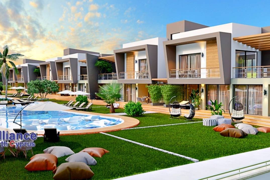 Apartments 2+1 with a private garden and a terrace in a residential complex in Otyuken, in Iskele