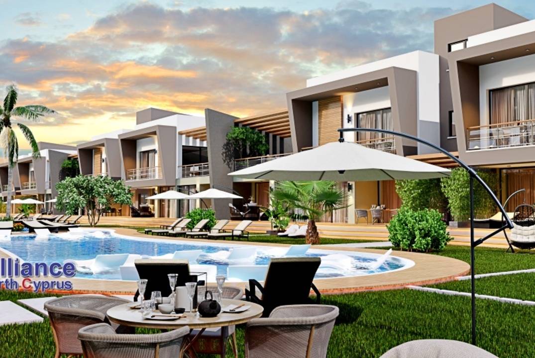 Apartments 2+1 with a private garden and a terrace in a residential complex in Otyuken, in Iskele