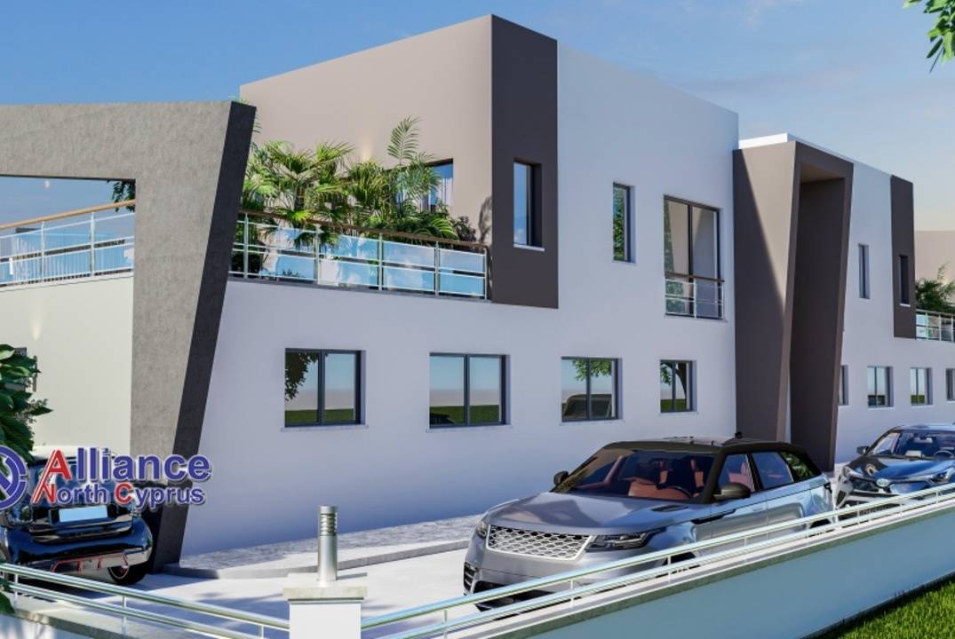 Apartments 2+1 with a private garden and a terrace in a residential complex in Otyuken, in Iskele