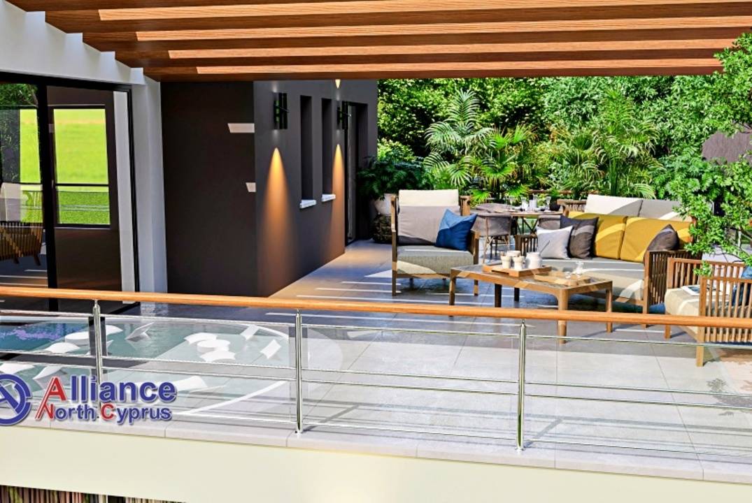 Apartments 2+1 with a private garden and a terrace in a residential complex in Otyuken, in Iskele