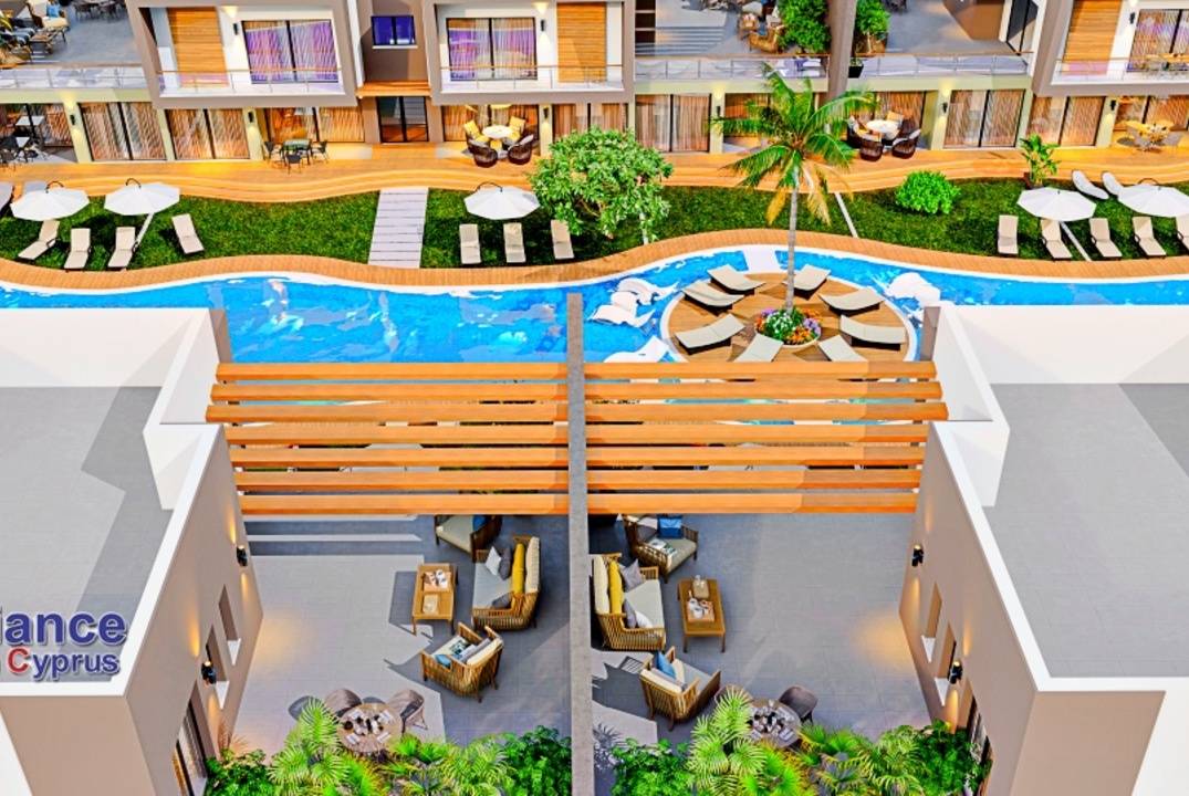 Apartments 2+1 with a private garden and a terrace in a residential complex in Otyuken, in Iskele