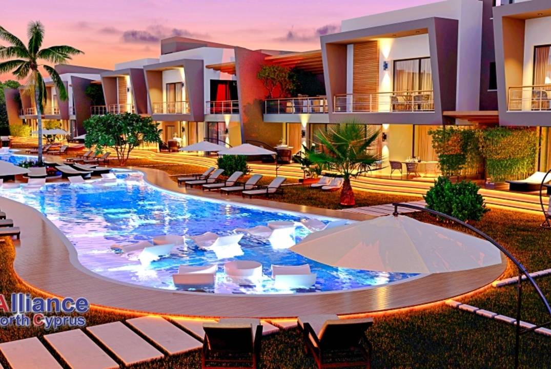 Apartments 2+1 with a private garden and a terrace in a residential complex in Otyuken, in Iskele