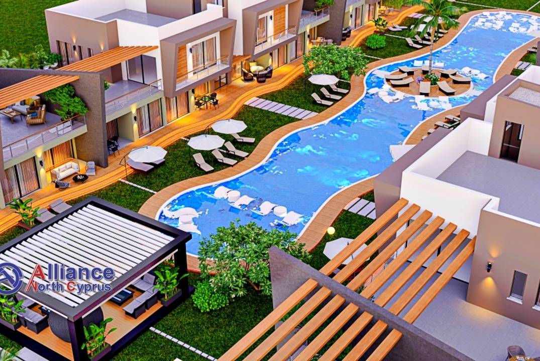 Apartments 2+1 with a private garden and a terrace in a residential complex in Otyuken, in Iskele