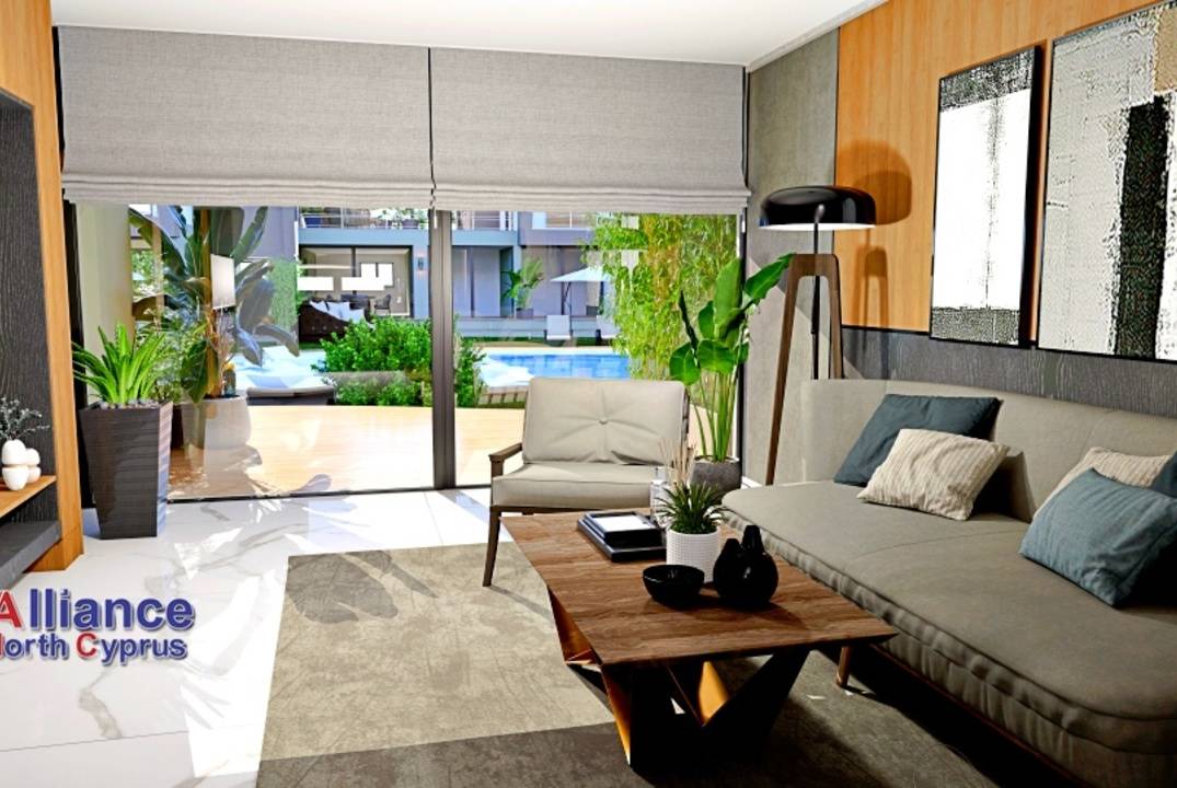 Apartments 2+1 with a private garden and a terrace in a residential complex in Otyuken, in Iskele