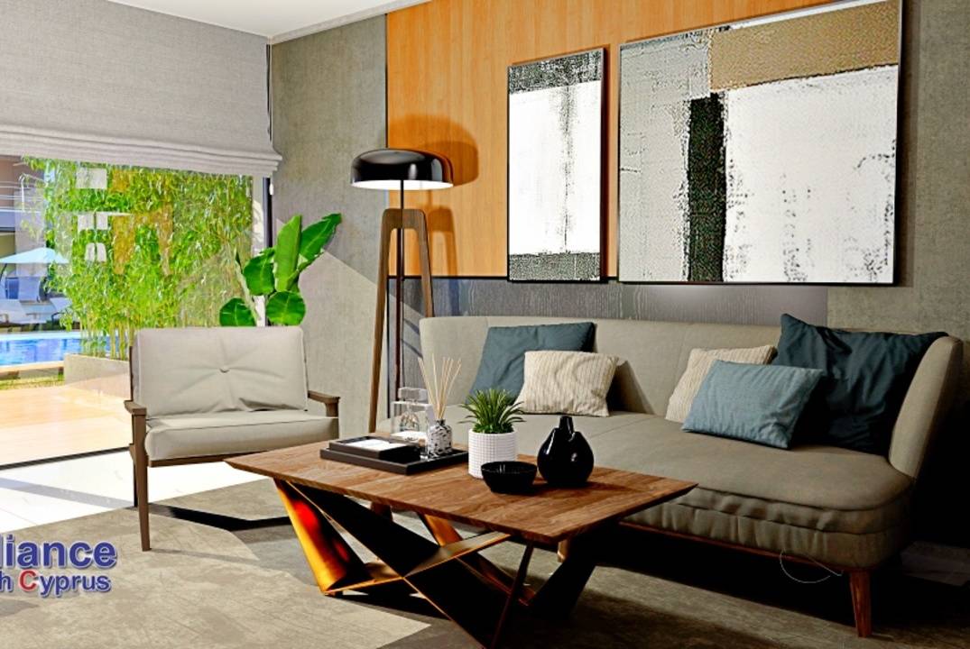 Apartments 2+1 with a private garden and a terrace in a residential complex in Otyuken, in Iskele