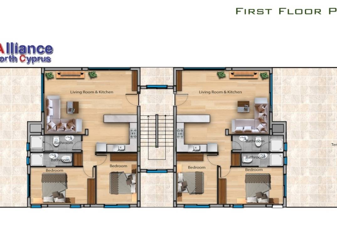 Apartments 2+1 with a private garden and a terrace in a residential complex in Otyuken, in Iskele