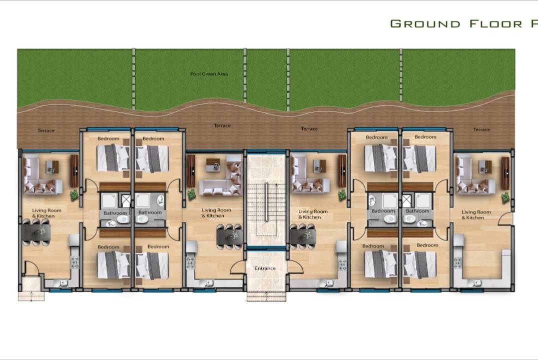Apartments 2+1 with a private garden and a terrace in a residential complex in Otyuken, in Iskele