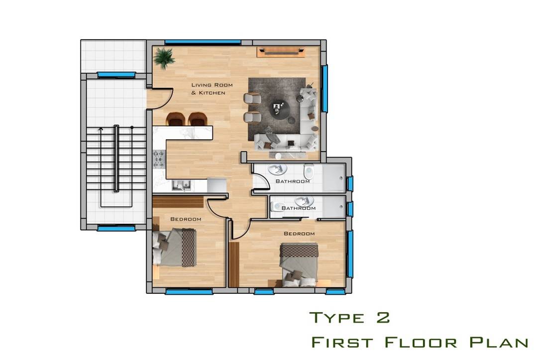 Apartments 2+1 with a private garden and a terrace in a residential complex in Otyuken, in Iskele
