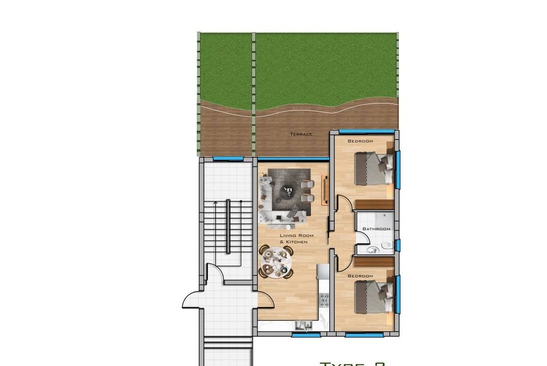 Apartments 2+1 with a private garden and a terrace in a residential complex in Otyuken, in Iskele